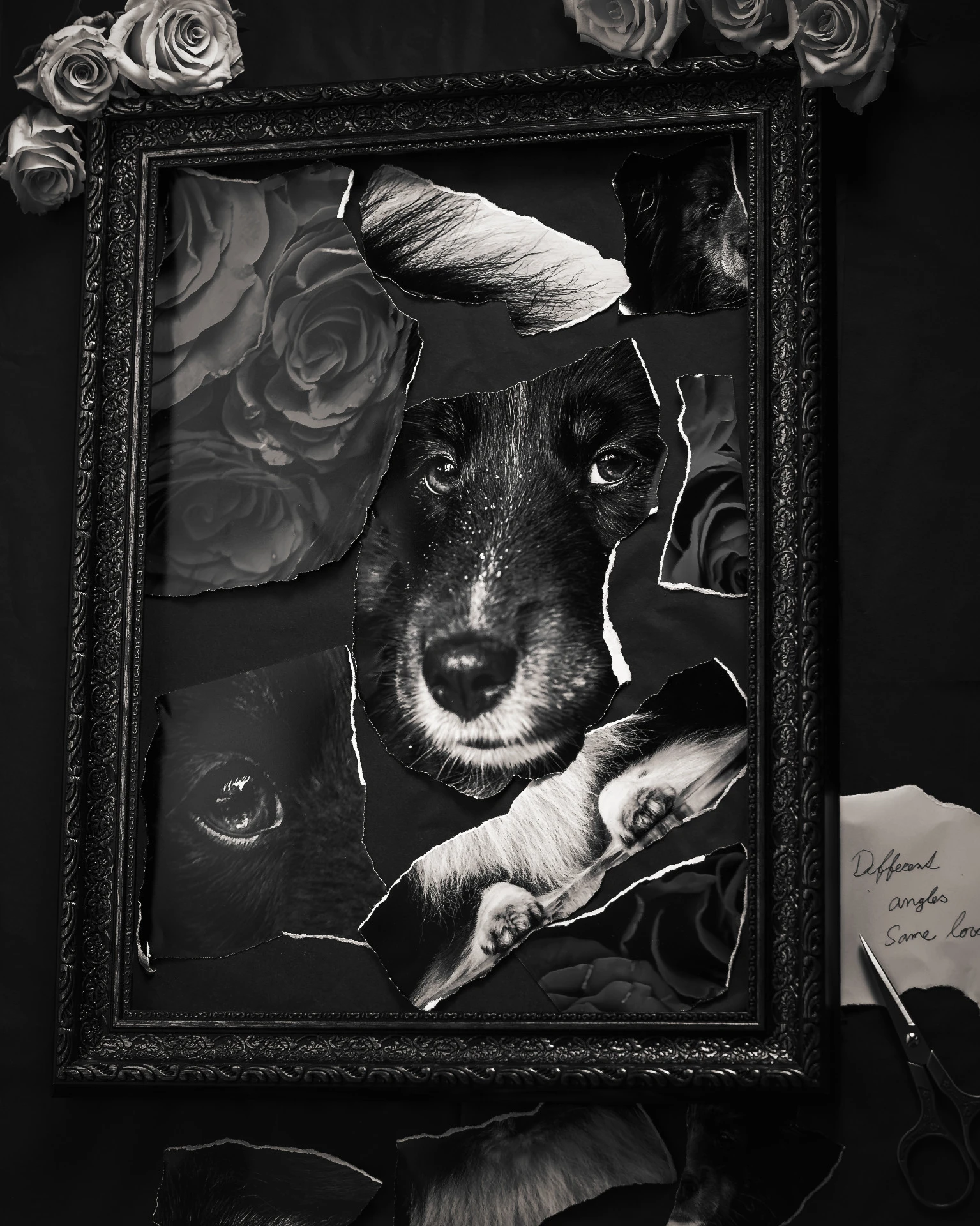 Konceptuální černobílý portrét Ellie z roztrhaných fotografií